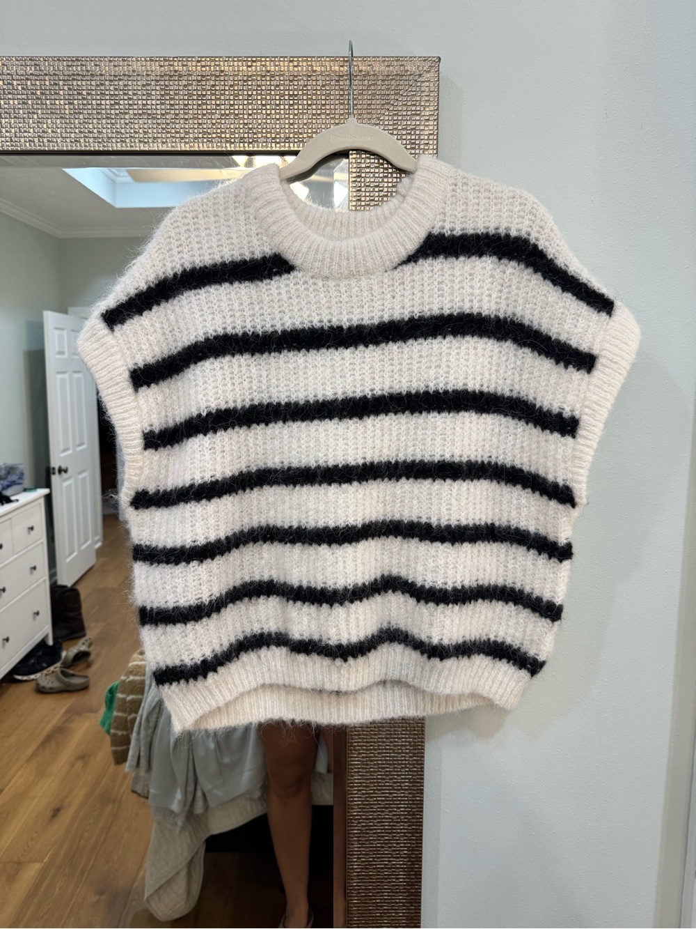 Olivaceous Black and White Striped Knit Turtleneck Vest